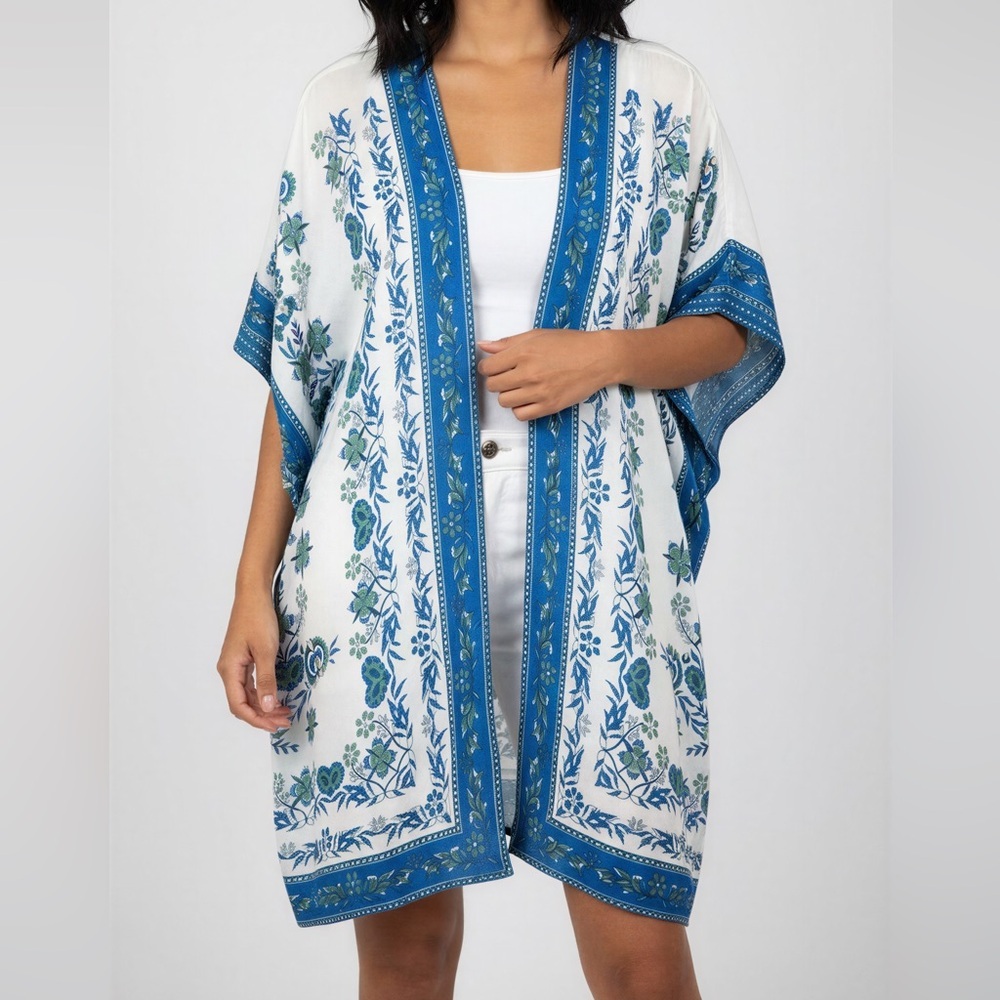 Max Studio Women's Floral Open Front Kimono Cardigan White Blue Green Large NWT